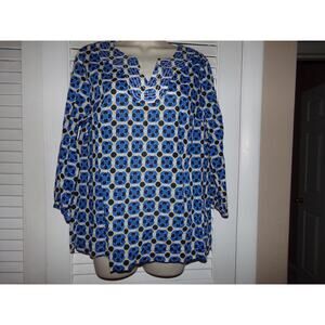 Talbots 100%‎ cotton black/white/royal blue 3/4 sleeve blouse M Beautiful